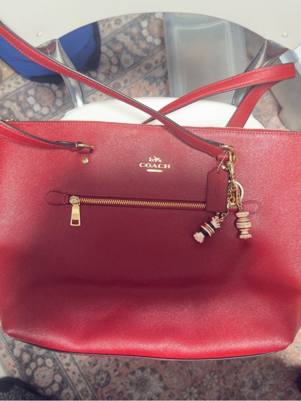 Coach Red Leather Gallery Tote with Christmas keychain attached